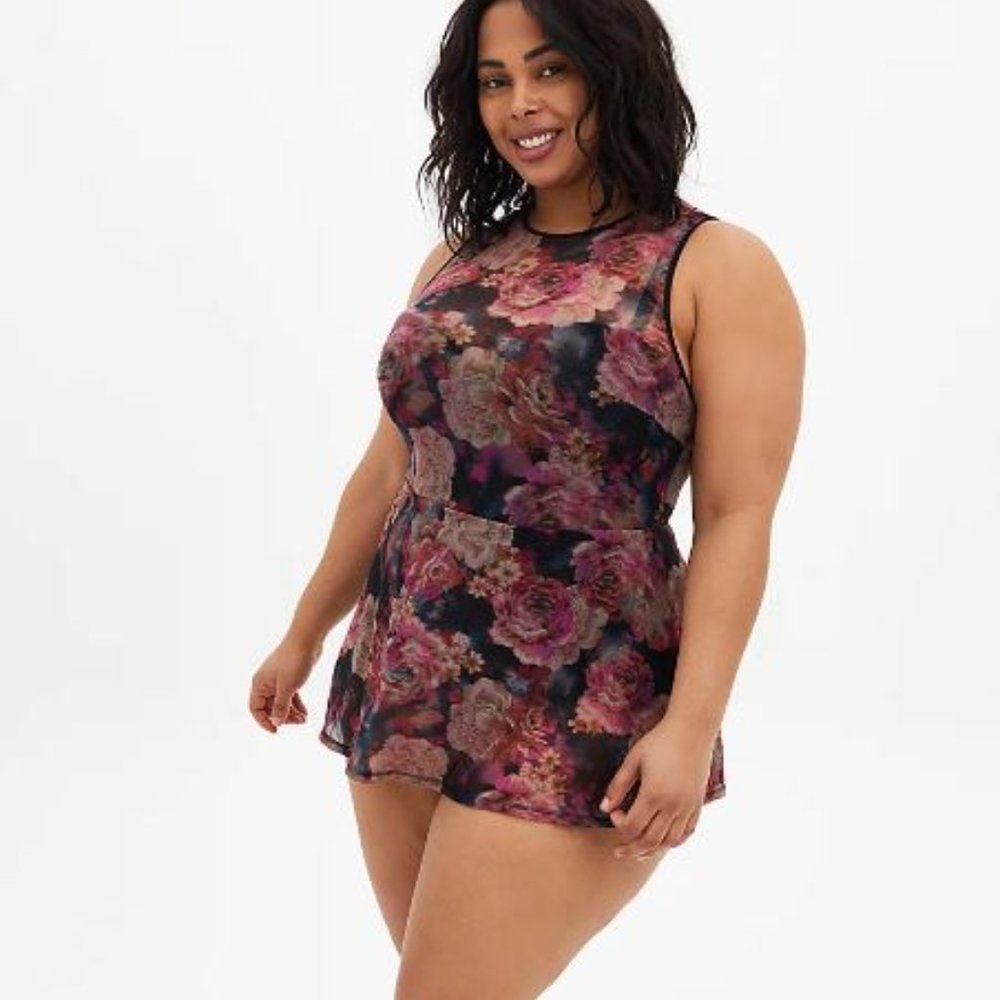 Torrid Underwire Mesh Overlay Swim Dress With Brief, Rose Floral, 1X DD/DDD